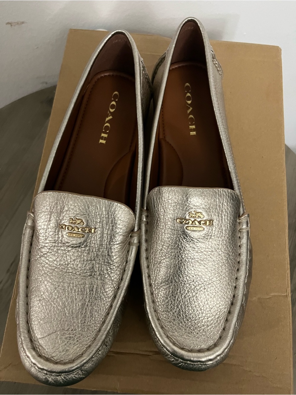NWOT Coach Metallic Bronze Leather Slip-On Loafers